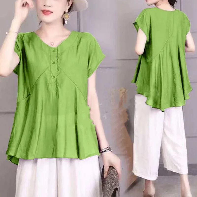 

New Summer Solid Color V-Neck Button Spliced Loose Versatile Fashion Simplicity Commuter Women's Short Sleeve Chiffon Shirt Top