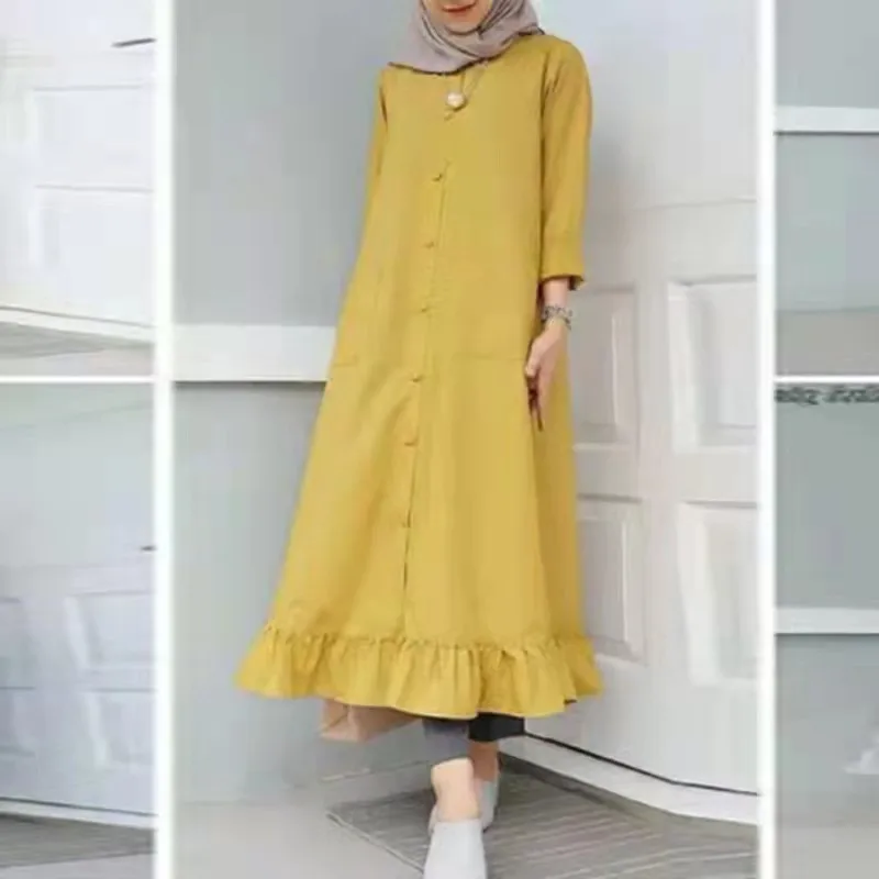 2023 New Muslim Abayat Dress Solid Round Neck Button Placket Abaya Femme Pocket Long Sleeve Ruffle Hem Islamic Long Skirt
2023 New Muslim Abayat Dress Solid Round Neck Button Placket Abaya Femme Pocket Long Sleeve Ruffle Hem Islamic Long Skirt
