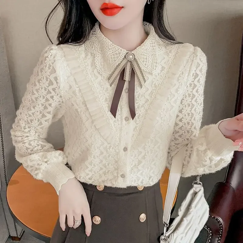 Women Sexy White Lace Patchwork Bow Shirt Blouse Long Sleeve Peter Pan Collar Mesh Tops 2023 Spring Elegant Button Shirts T338
Women Sexy White Lace Patchwork Bow Shirt Blouse Long Sleeve Peter Pan Collar Mesh Tops 2023 Spring Elegant Button Shirts T338