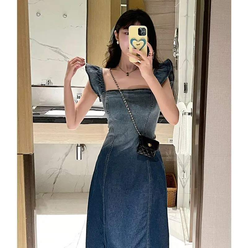 Plus Size Women's Dress French Waist Wrapped Slim Gradient Denim Dress Women's Summer Flying Sleeves Mid Length Dress Vintage
Plus Size Women's Dress French Waist Wrapped Slim Gradient Denim Dress Women's Summer Flying Sleeves Mid Length Dress Vintage