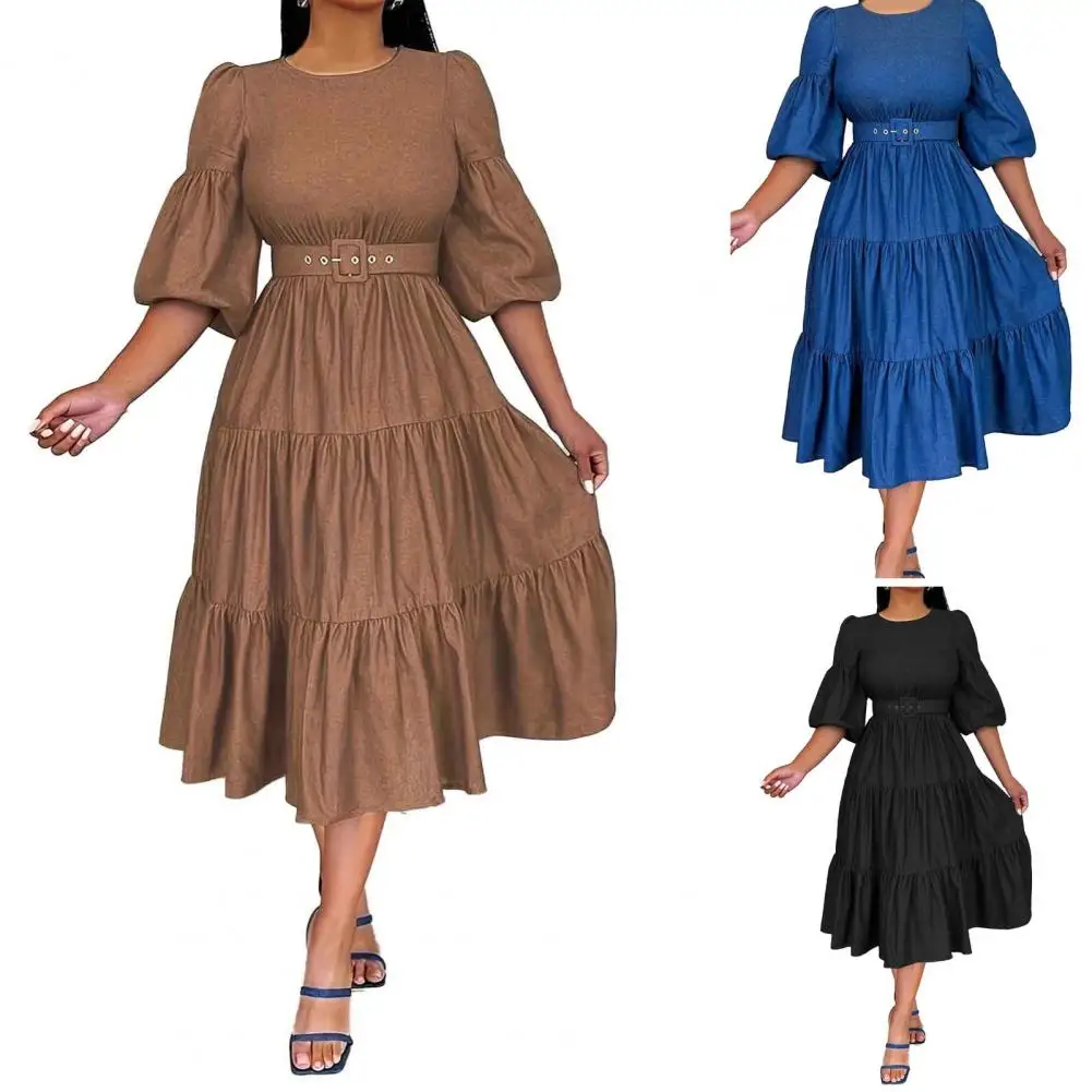 

Loose Waistline Dress Elegant A-line Midi Dress with Puff Sleeves Belted Waist Soft Patchwork Pleats for Women Solid Color Half
