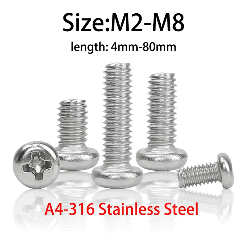 

Marine Grade A4-316 Stainless Steel M2 M2.5 M3 M4 M5 M6 M8 Round Head Phillips Screws Mushroom Button Head Screw Bolt