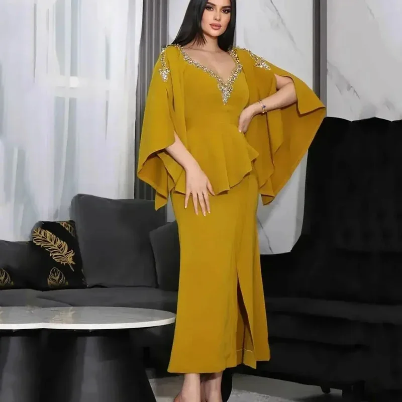 Elegant Deep V Neck Prom Dresses Saudi Arabia Slit Formal Women Evening Dresses Mermaid Beading Pearls Half Sleeved Party Dress
Elegant Deep V Neck Prom Dresses Saudi Arabia Slit Formal Women Evening Dresses Mermaid Beading Pearls Half Sleeved Party Dress