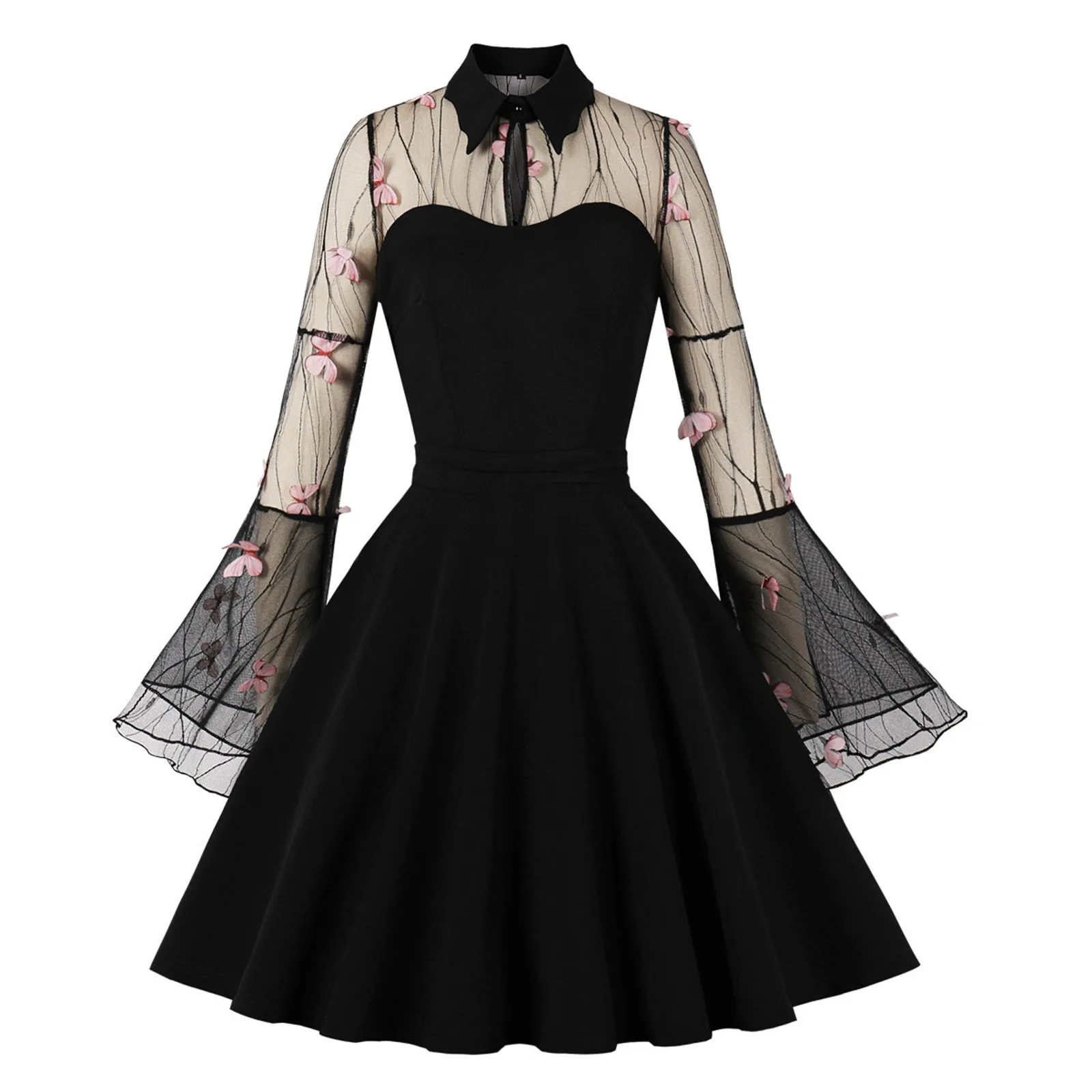 

S-4XL Big Size Women Gothic Sexy Mini Dress Autumn Black Mesh Patchwork See-Through Flare Sleeve Draped Elegant Party Dress