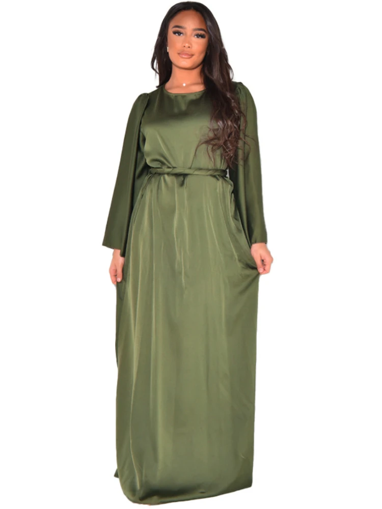 

Women Eid Muslim Dresses Dubai Arab Kaftan Islam O Neck Solid Color Belt Gorgeous Party Dress Ramadan Morocco Vestidos