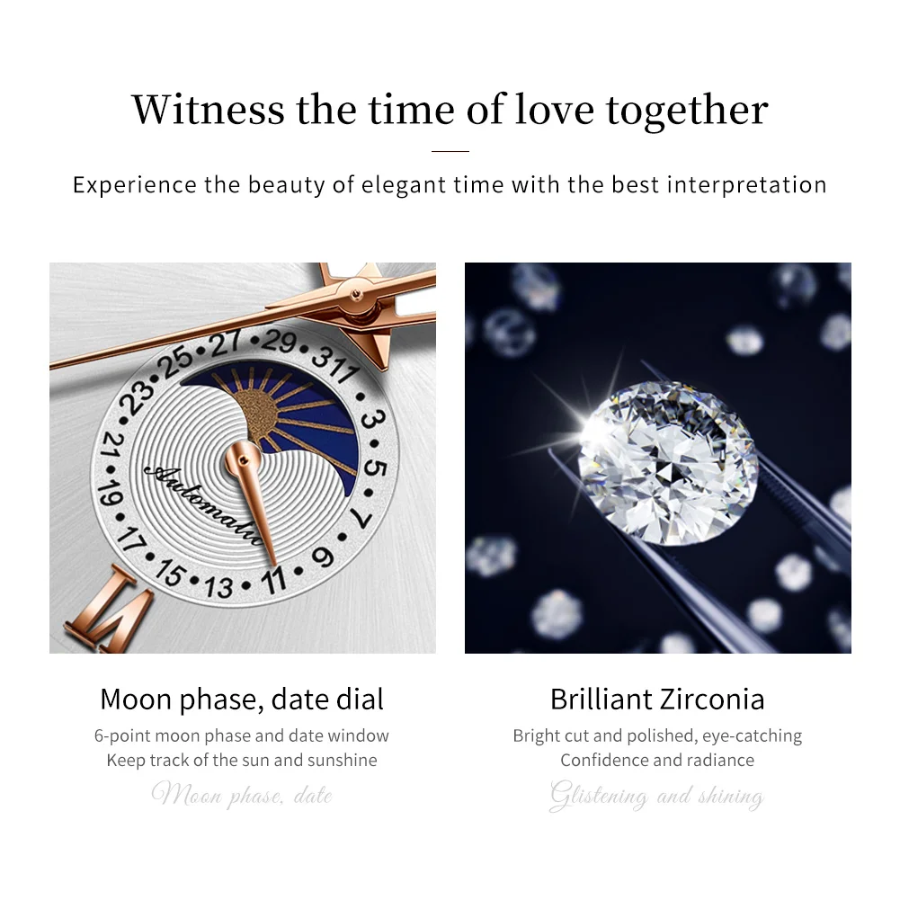 OLEVS-Montre-bracelet mécanique automatique étanche pour couple, montres pour amoureux, phase de lune, marque supérieure, mode, 7039 5