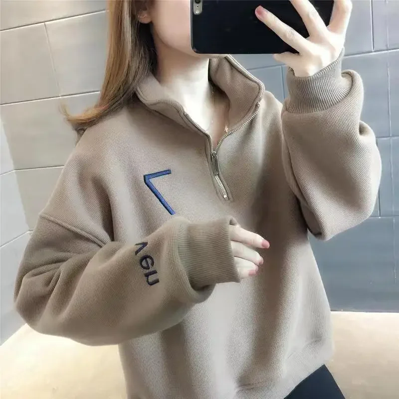 

Loose Sweatshirts for Women Tops White with Zipper Cropped Embroidered Letter Printing Pullovers Baggy Full Zip Up Graphic Text