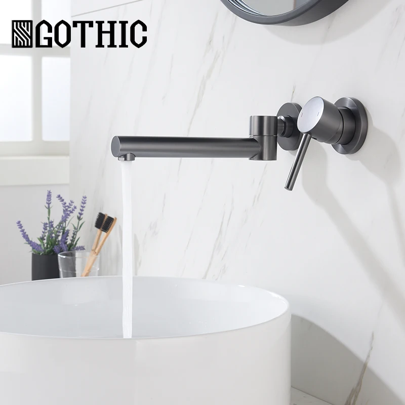 

Copper Wall Mounted Basin Faucet Gun Gray Round Washbasin Embedded Wall Concealed Hot and Cold Water Mixer Swing Bathroom Faucet