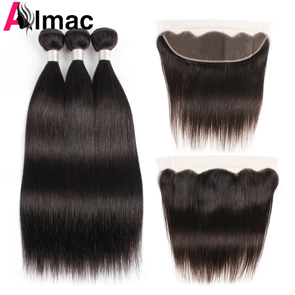 

Straight 3 Human Hair Bundles With 13x4 Hd Lace Frontal Raw Indian Remy Hair Double Wefts Hair Extension Natural Color 95g/Pc