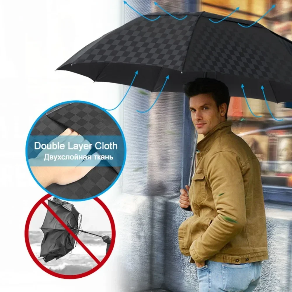 

Ветрозащитный 3 складной зонт от дождя для женщин и мужчин, двухслойные большие 10K деловые зонтики, мужские зонтики в темную сетку, зонтики для семейного путешествия