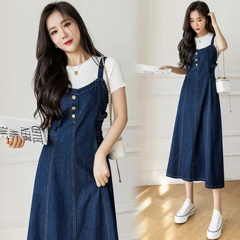 Vista descolada e confortável com o vestido jeans feminino S-5XL da SELAITAILYE 7 S-5XL Women Denim Strap Dress High Waist Sleeveless A-Line Jean Maxi Dresses Spring Summer Lace Up Solid Color Dress