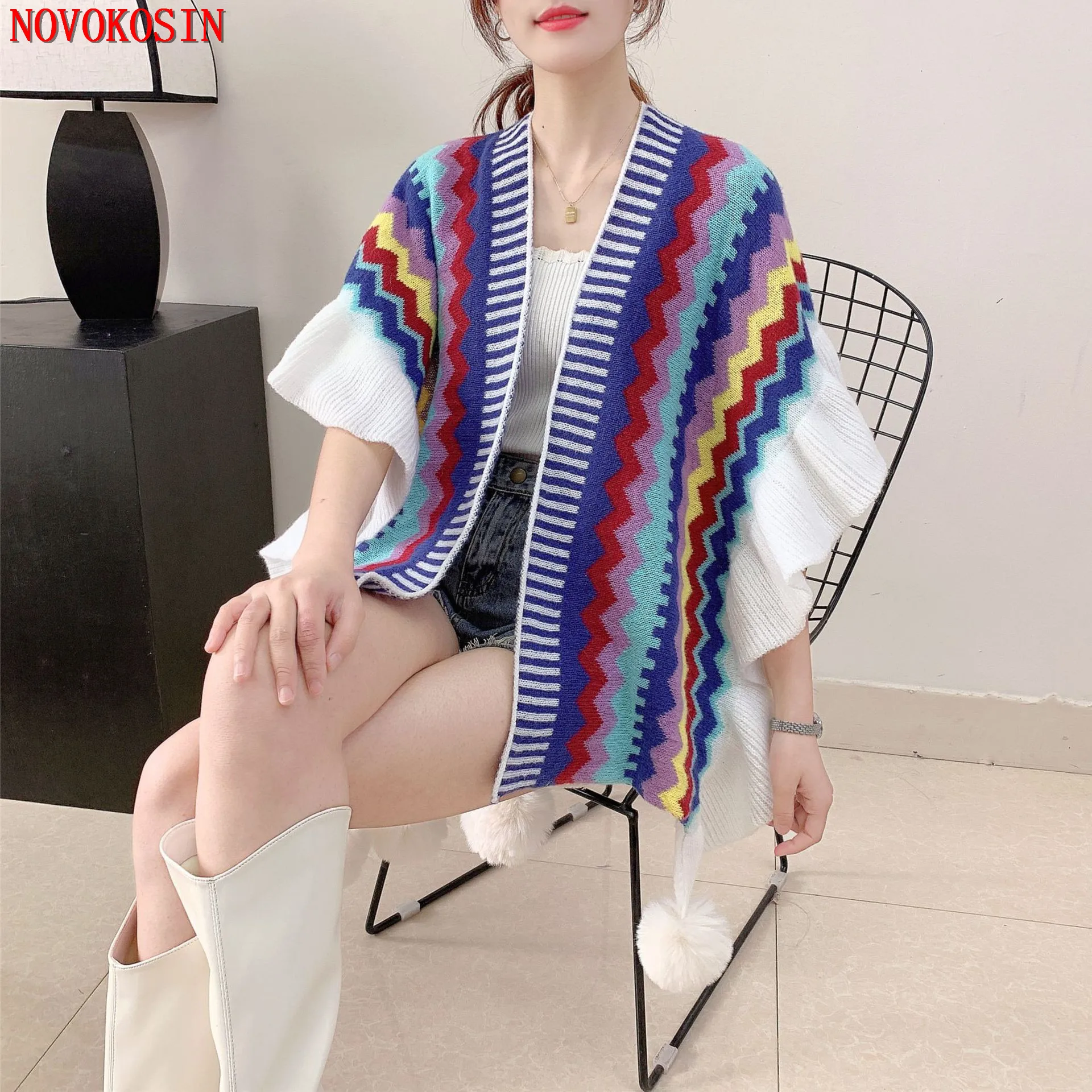 Women Autumn Knitted Faux Fur Ball Tassel Outstreet Shawl Knitwear Cardigan Cloak Multicolor Stripe Capes Loose Thick Poncho
Women Autumn Knitted Faux Fur Ball Tassel Outstreet Shawl Knitwear Cardigan Cloak Multicolor Stripe Capes Loose Thick Poncho