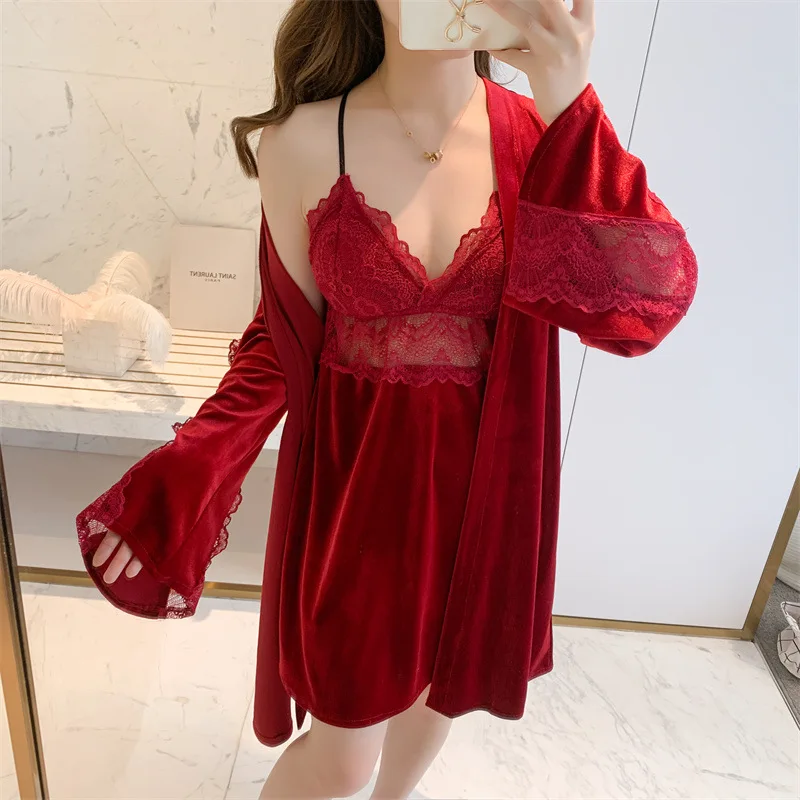 

Velvet Sleepwear Women Kimono Bathrobe Nightgown Velour Nighty&Robe Set Autumn Winter Sexy Patchwork Lace Loose Home Dress