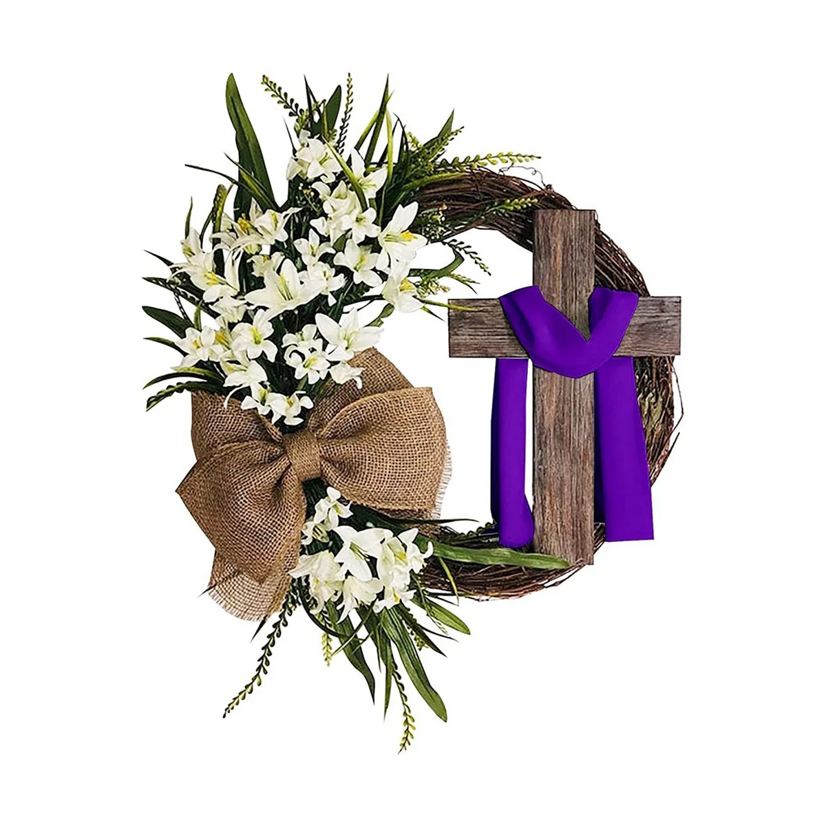 Пасхальный венок с гирляндой, пасхальный декоративный венок для входной двери, искусственный праздничный фиолетовый венок