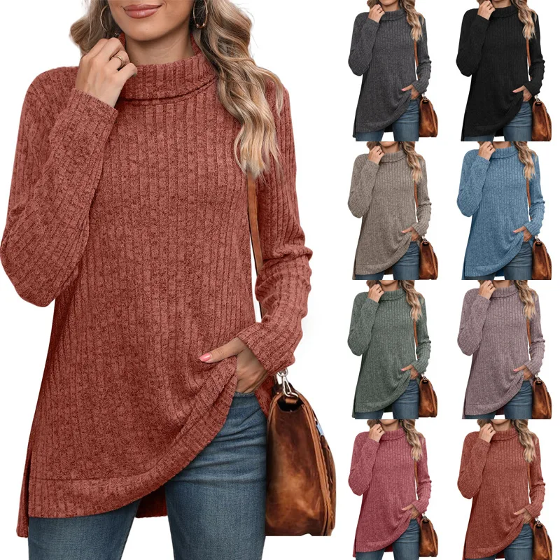 

European and American autumn and winter women's new high necked scarf with side slit solid color long sleeved t-shirt aesthetic