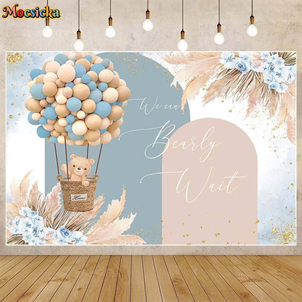 

Mocsicka Boho Baby Shower Backdrop Bear Balloon Boys Welcome Party Decor Background We Can Bearly Wait Banner Photo Studio Props