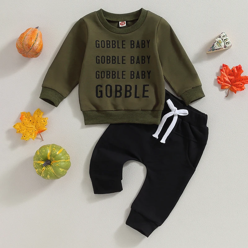 

Thanksgiving Baby Girl Boy Outfits Long Sleeve Turkey Letter Pullover Sweatshirt Causal Pants Set Toddler Winter Clothes