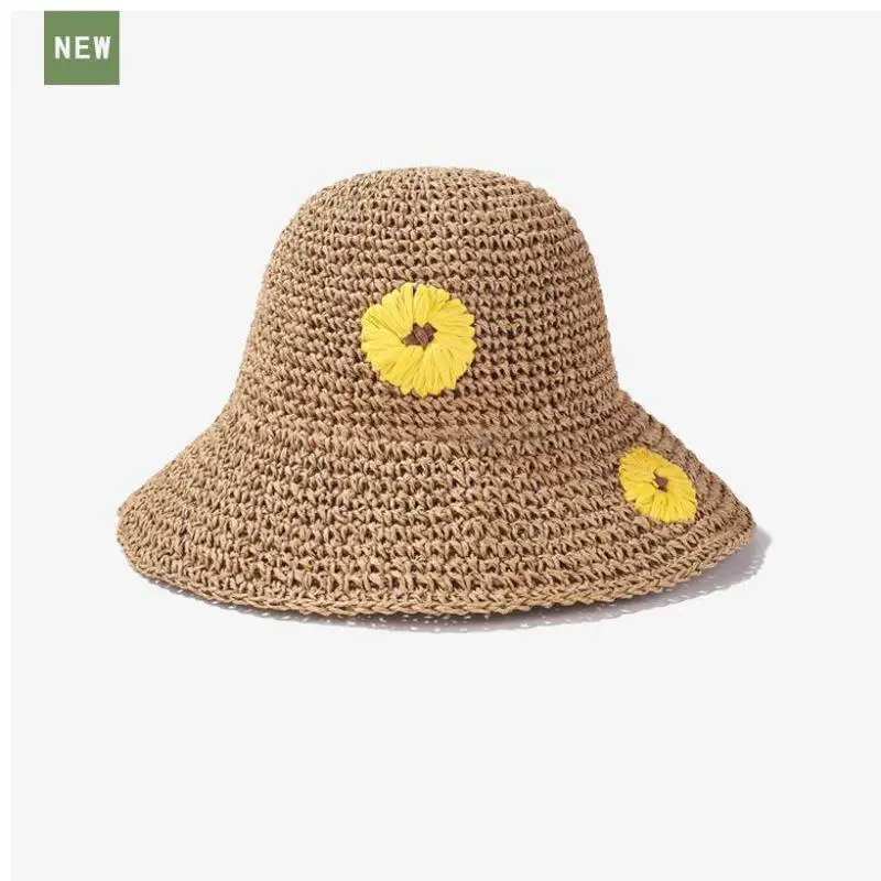 

COKK Summer Hat Women Fisherman Cap Straw Sunflower Handmade Bucket Hat Vacation Beach Floppy Sunscreen Sunhat Sun Visor New