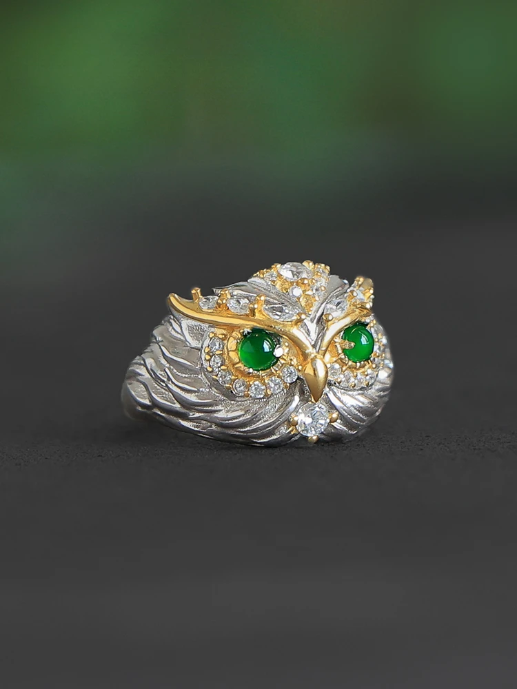 

Green emerald ring domineer Owl personality index finger ring men and women sterling silver