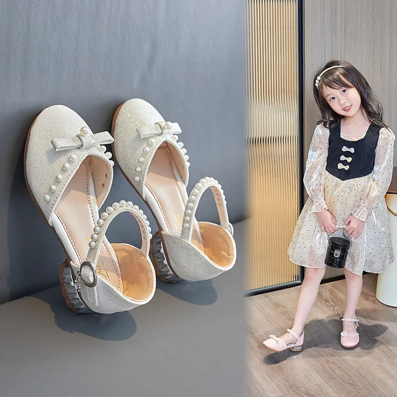 

Child Sandals for Girls Summer Shoe Kid Dance Shoes Elegant Party Sandals 2022 Wedges Princess Beading Leather Fashion Shoe