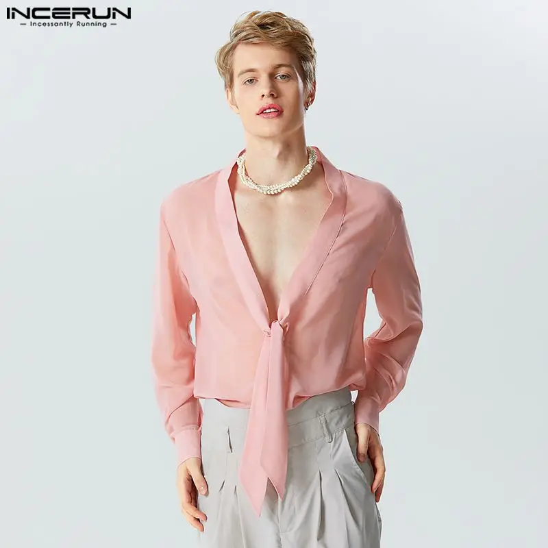 

INCERUN Tops 2023 American Style Men Knot Neck See-through Mesh Shirts Casual Party Hot Sale Solid Sexy Long Sleeve Blouse S-5XL