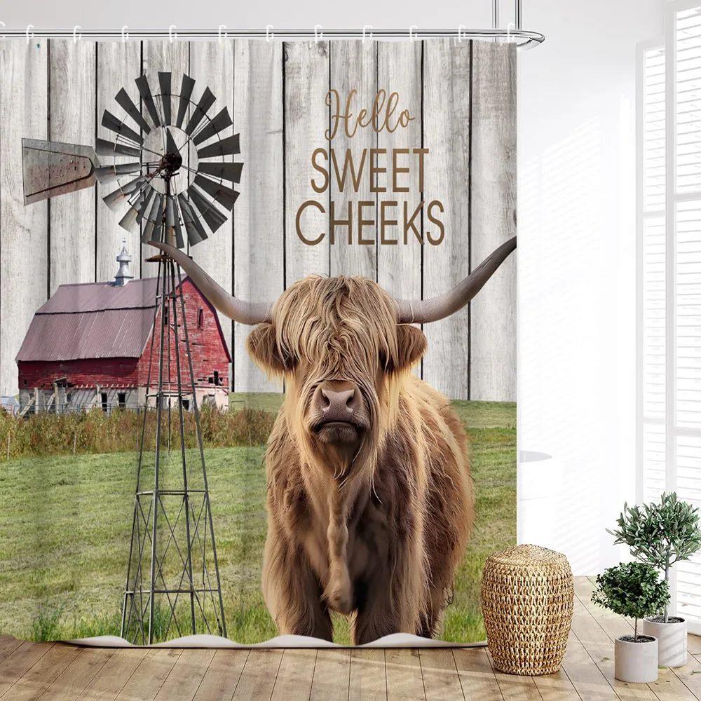 

Farm Highland Cow Shower Curtain, Barn Rustic Plank Donkey Horse Sunflower Floral Windmill Print Home Bathroom Decor with Hooks