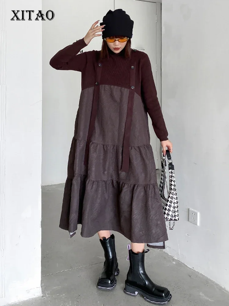 

Вязаное платье XITAO в стиле пэчворк, Модный пуловер с высоким воротником, женское весеннее свободное Простое Повседневное платье из двух частей, WLD13086