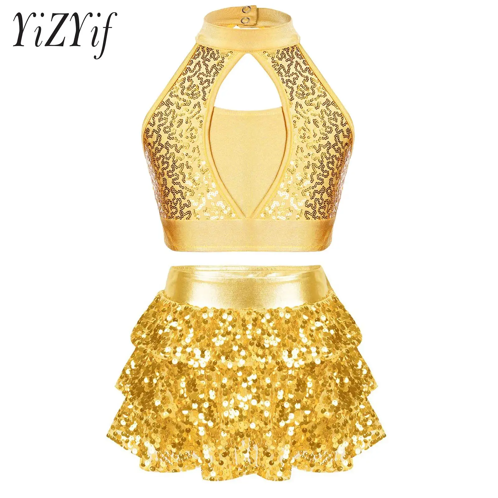 

Kids Girls Modern Jazz Dance Outfit Hollow Front Sequin Patchwork Crop Top with Sequins Tiered Ruffle Skirted Shorts Dancewear