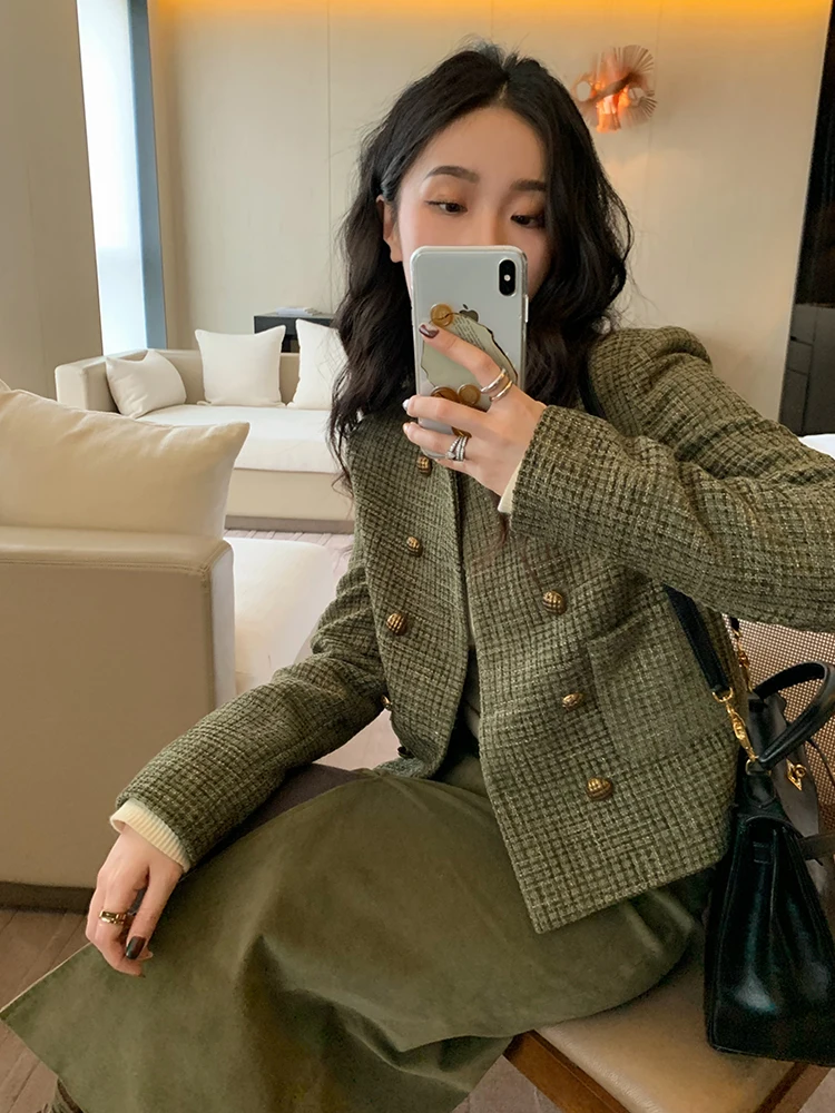 

UNXX Vintage Chic Style Tweed Coat Petite Autumn 2021 New French Short Top for Women Female Office Lady High Quality Fashion New