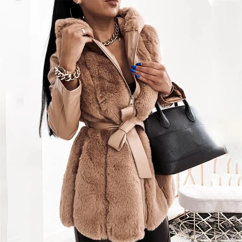 2023 Winter New Women Temperament Hooded Faux Fur Coat Fashion Patchwork Leather Large Size with Belt Solid Color Zipper Jacket
2023 Winter New Women Temperament Hooded Faux Fur Coat Fashion Patchwork Leather Large Size with Belt Solid Color Zipper Jacket