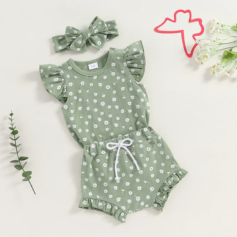 

Hnyenmcko Newborn Baby Girl Clothes Daisy Print Fly Sleeve Romper Ruffle Bloomer Shorts Headband Set Infant Summer Outfits