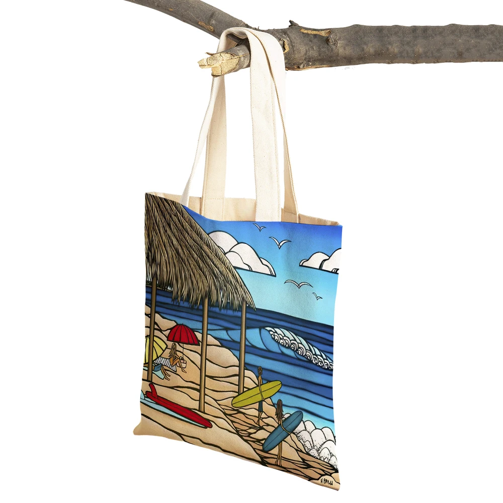 

Hawaiian Islands Beach Surfing Women Shopping Bags Casual Canvas Double Print Landscape Girl Shopper Bag Lady Tote Handbags
