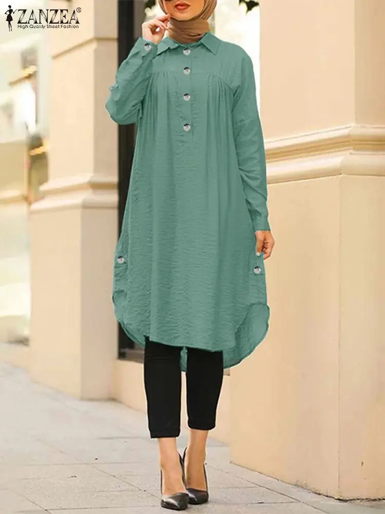 

ZANZEA Women Muslim Long Tops Spring Long Sleeve Lapel Neck Ramadan Abaya Turkey Blouse Elegant Casual Loose Dubai Shirt Kaftan
