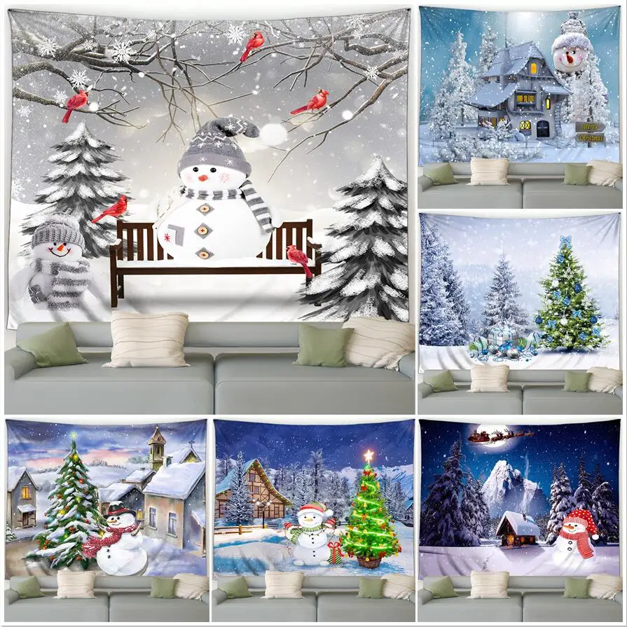 

Winter Christmas Tapestry Funny Snowman Xmas Trees Red Birds Cedar Forest Landscape New Year Home Living Room Decor Wall Hanging