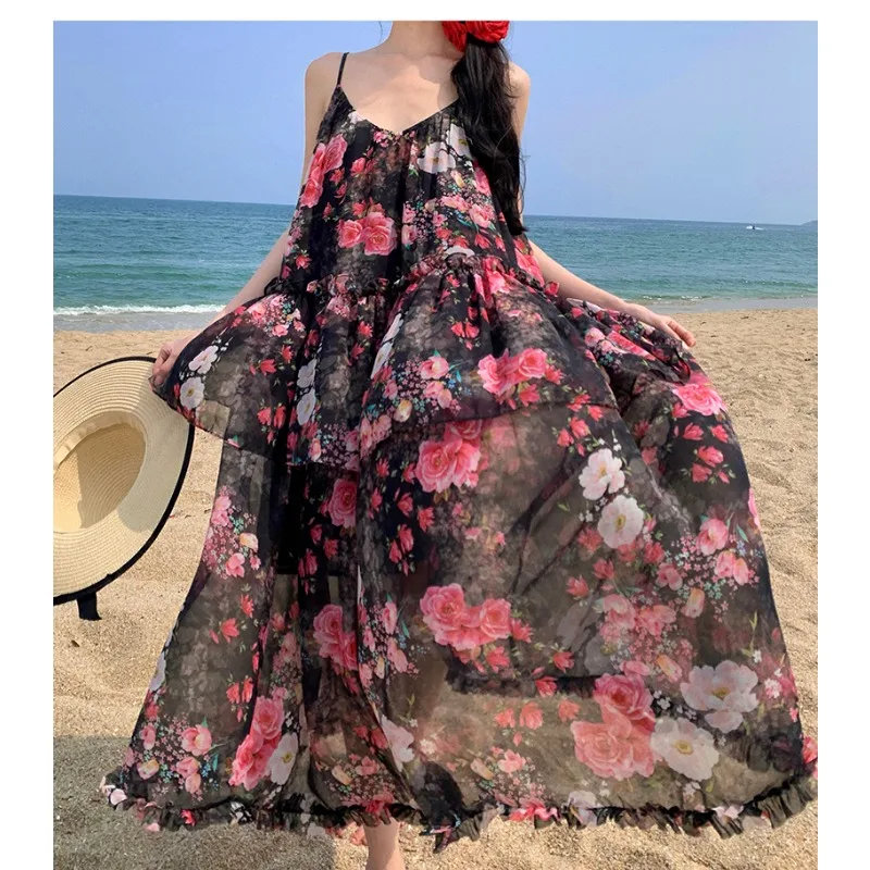 

New Backless Beach Lolita Chiffon Dress Women 2024 Black Floral Vacation Summer Sundress O Neck Long Kawaii Holiday Style Dress