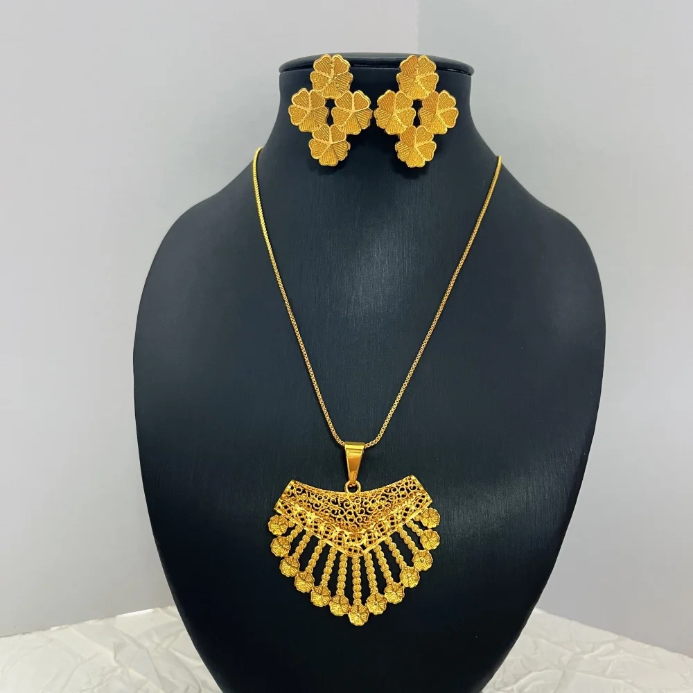 Dubai Fashion Women's Flower Sweater Long Necklace 24K Gold-Plated Middle Eastern Luxury Flower Earrings Copper Jewelry Two-Pieces 5 Mallzona Dubai Fashion Women's Flower Sweater Long Necklace 24K Gold-Plated Middle Eastern Luxury Flower Earrings Copper Jewelry Two-Pieces Mallzona