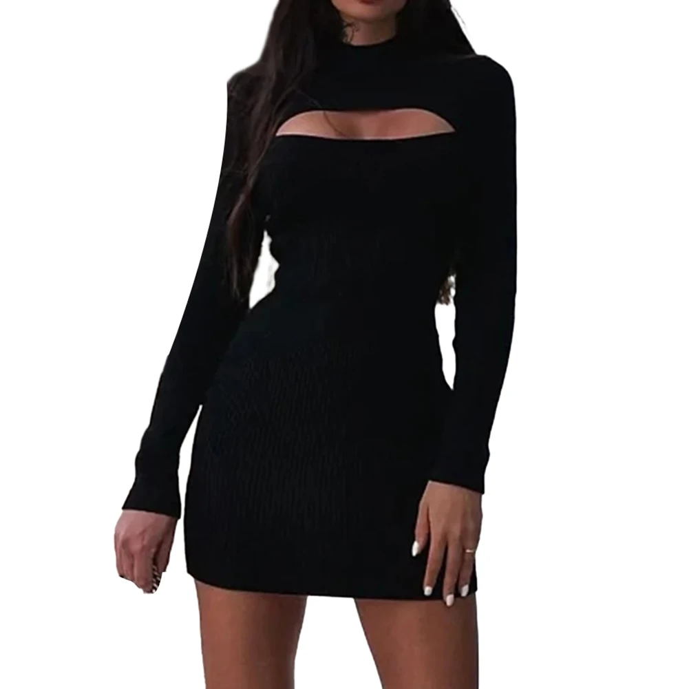 

Fashionable Long Sleeve Knitted Dress Sexy Hollow Pattern Ribbed Texture Solid Color Comfortable and Skin friendly S L Sizes