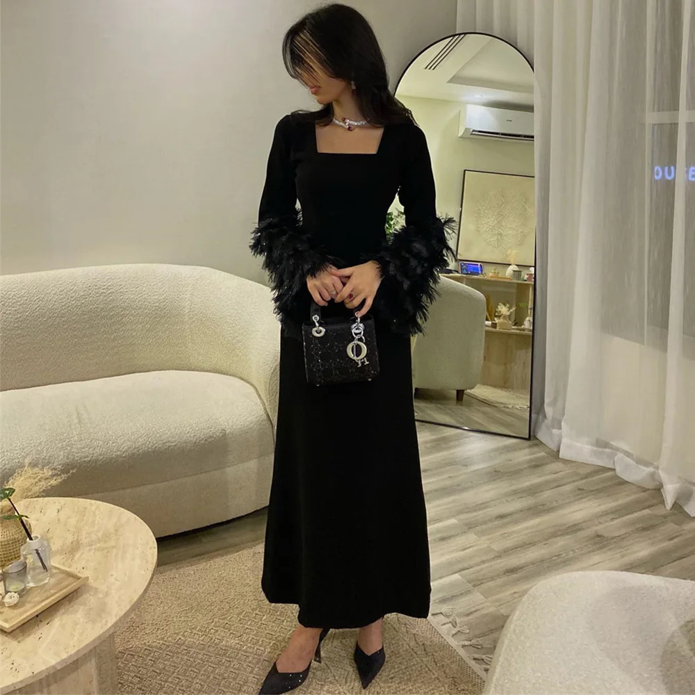 

Black Straight Long Sleeve Feathers Square Neck Evening Dresses Exquisite Ankle-Length Prom Gown فساتين السهرة 2023 جديده