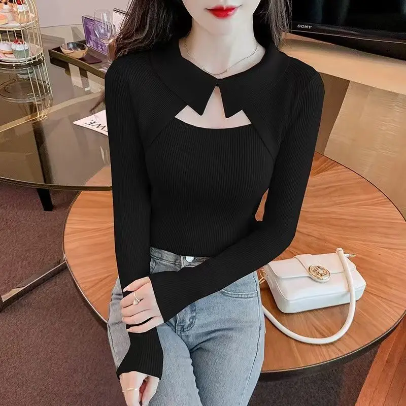 

Women's Autumn Winter Fashion Elegant Polo Collar Pullover Long Sleeve Solid Color Knitwear Casual Versatile Western Style Tops