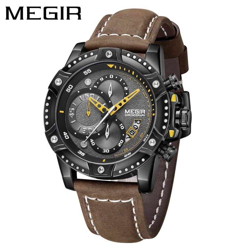 

MEGIR Man Sports Chronograph Quartz Watch Fashion Mens Watches Top Brand Luxury Leather Waterproof Wristwatch Relogio Masculino