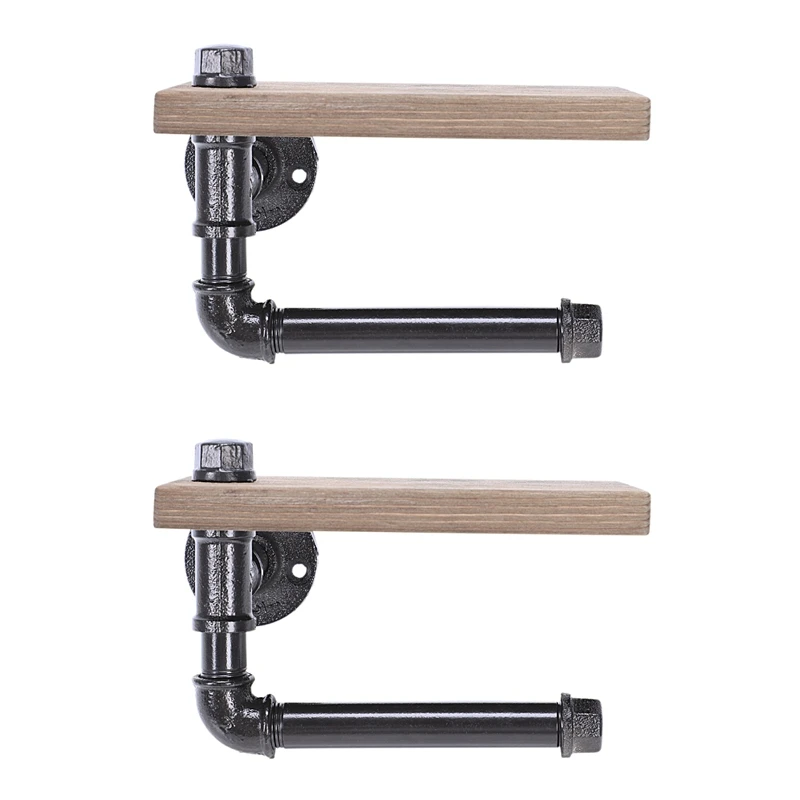 

2X Toilet Roll Holder Multifunction Retro-Styled Iron Pipe Wall Mount Paper Towel Rack With Wooden Storage Shelf Rack
