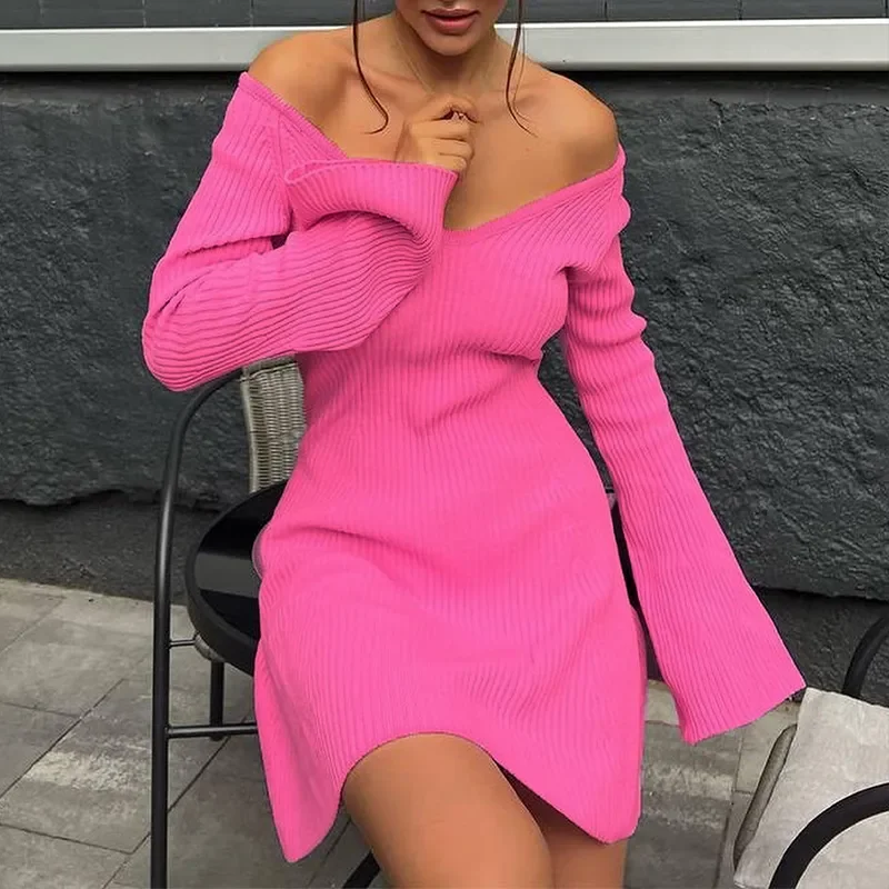 

Knit Dress Women Sexy Long Sleeve V-neek Mini Sweater Dresses Female Solid Ruffle Hem A-line Dresses Vestidos De Fiesta