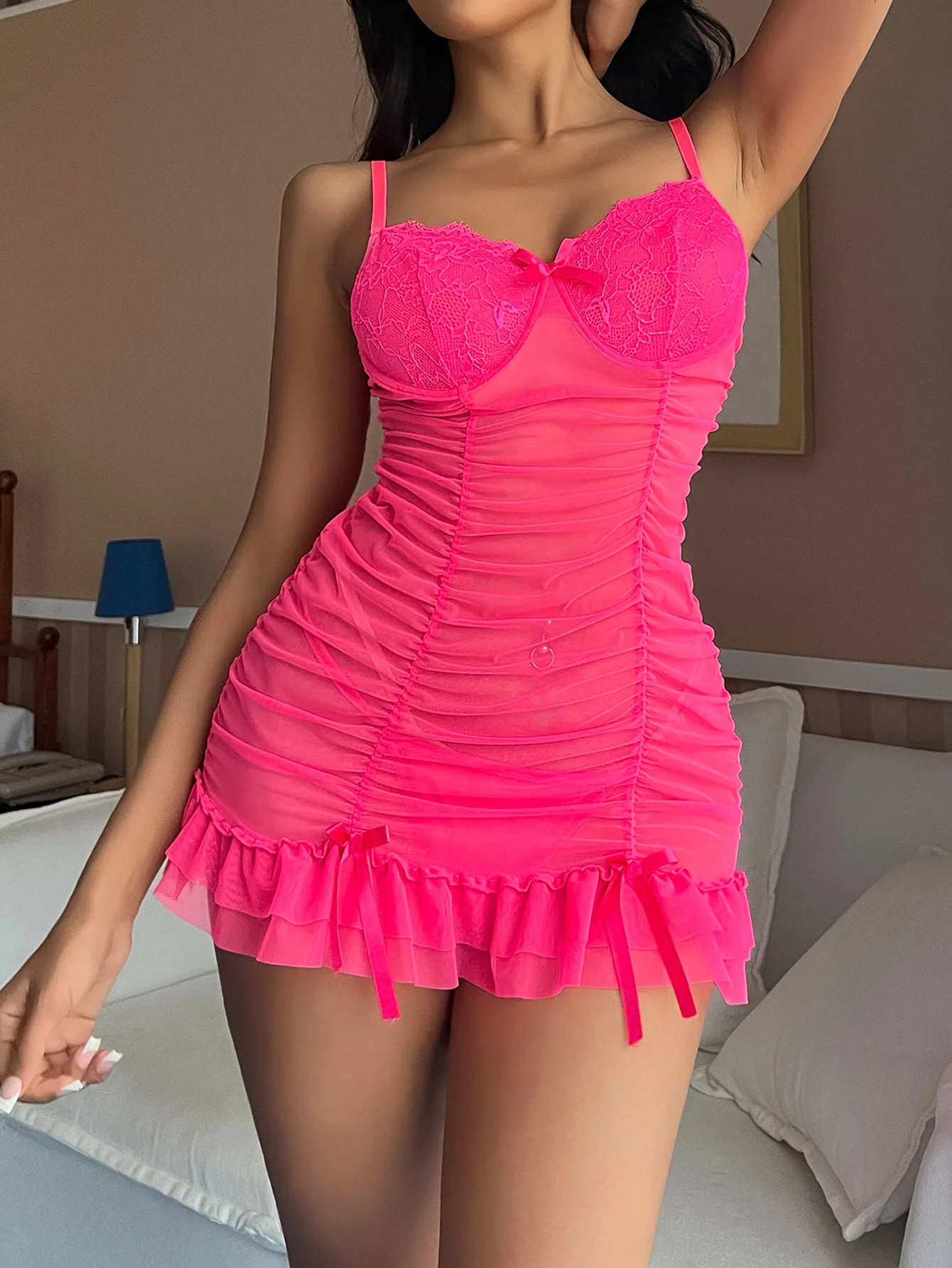 

Sensual Pleated Nightdress Transparent Ruffled Mini Dress Sheer Lace Babydoll See Through Fantasy Sexy Porn Outfit