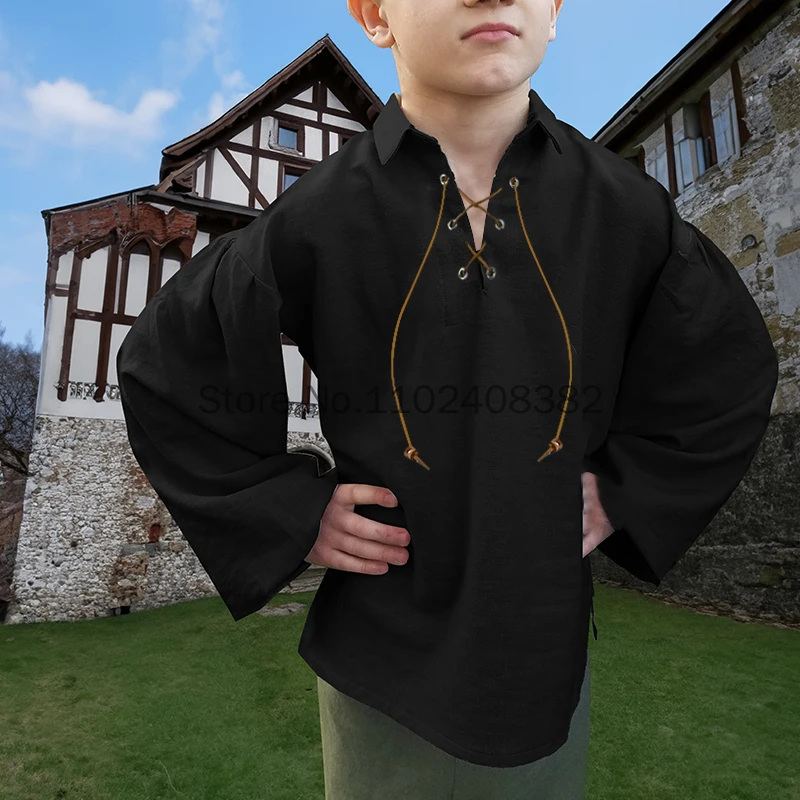 

Cosplay Top for Boys Medieval Pirate Shirt Kids Renaissance Lace Up Halloween Scottish Jacobite Ghillie Costume Tops
