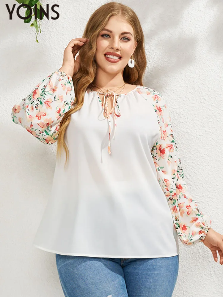 

YOINS 2023 Plus Size Women Blouses Long Sleeve Autumn Floral Print Elegant Crew Neck Tie-up Shirt Casual Tops Blusas Tunic 4XL