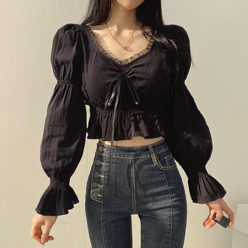 Gidyq Women Black Ruffle Shirt Korean Fashion Sexy Cropped Long Sleeve Tops Casual Female Folds Y2K Lace Up Shirts
Gidyq Women Black Ruffle Shirt Korean Fashion Sexy Cropped Long Sleeve Tops Casual Female Folds Y2K Lace Up Shirts