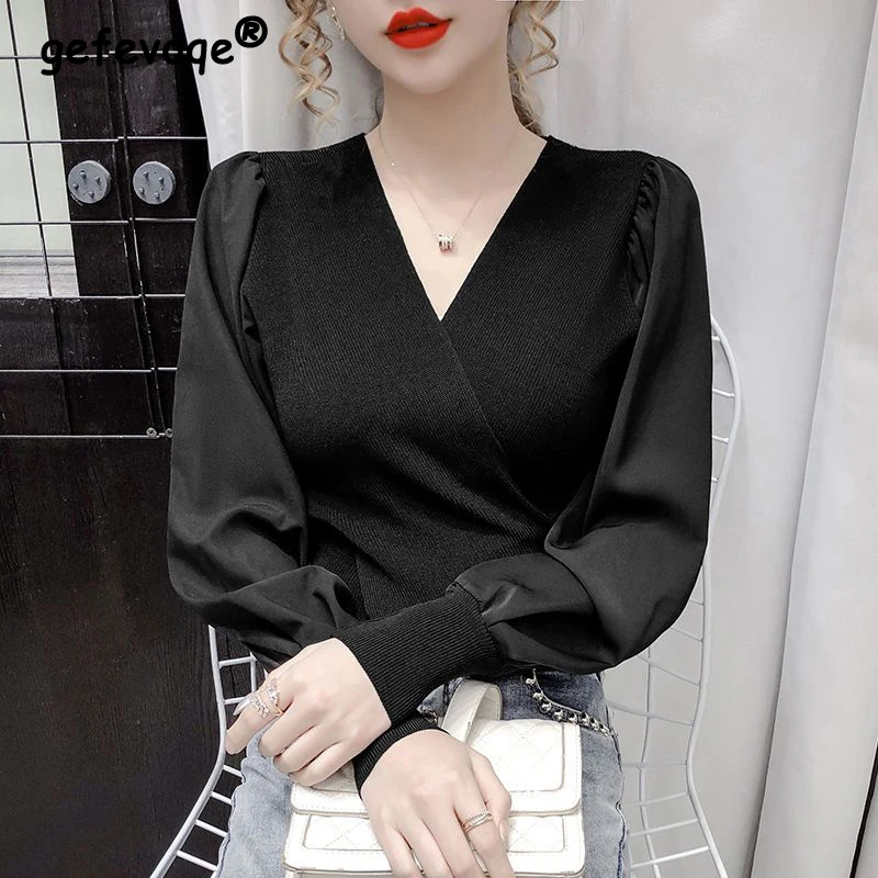Elegant Chic V Neck Long Sleeve Patchwork Knitwears Spring Autumn Korean Fashion Slim Knitted Tops Blouses for Women Clothes2023
Elegant Chic V Neck Long Sleeve Patchwork Knitwears Spring Autumn Korean Fashion Slim Knitted Tops Blouses for Women Clothes2023
