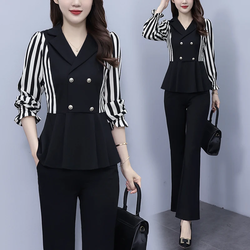 Striped Patchwork Women Pants Sets Spring Autumn Clothes 2023 New Fashion Suit Collar Elegant Female 2 Pieces Outfits Oversize
Striped Patchwork Women Pants Sets Spring Autumn Clothes 2023 New Fashion Suit Collar Elegant Female 2 Pieces Outfits Oversize