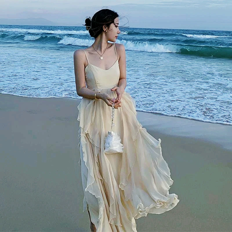 Spring Summer Suspender Chiffon Beach Style Dress Spaghetti Strap Slash Neck Solid Robes Sexy Elegant Backless Dress for Women
Spring Summer Suspender Chiffon Beach Style Dress Spaghetti Strap Slash Neck Solid Robes Sexy Elegant Backless Dress for Women