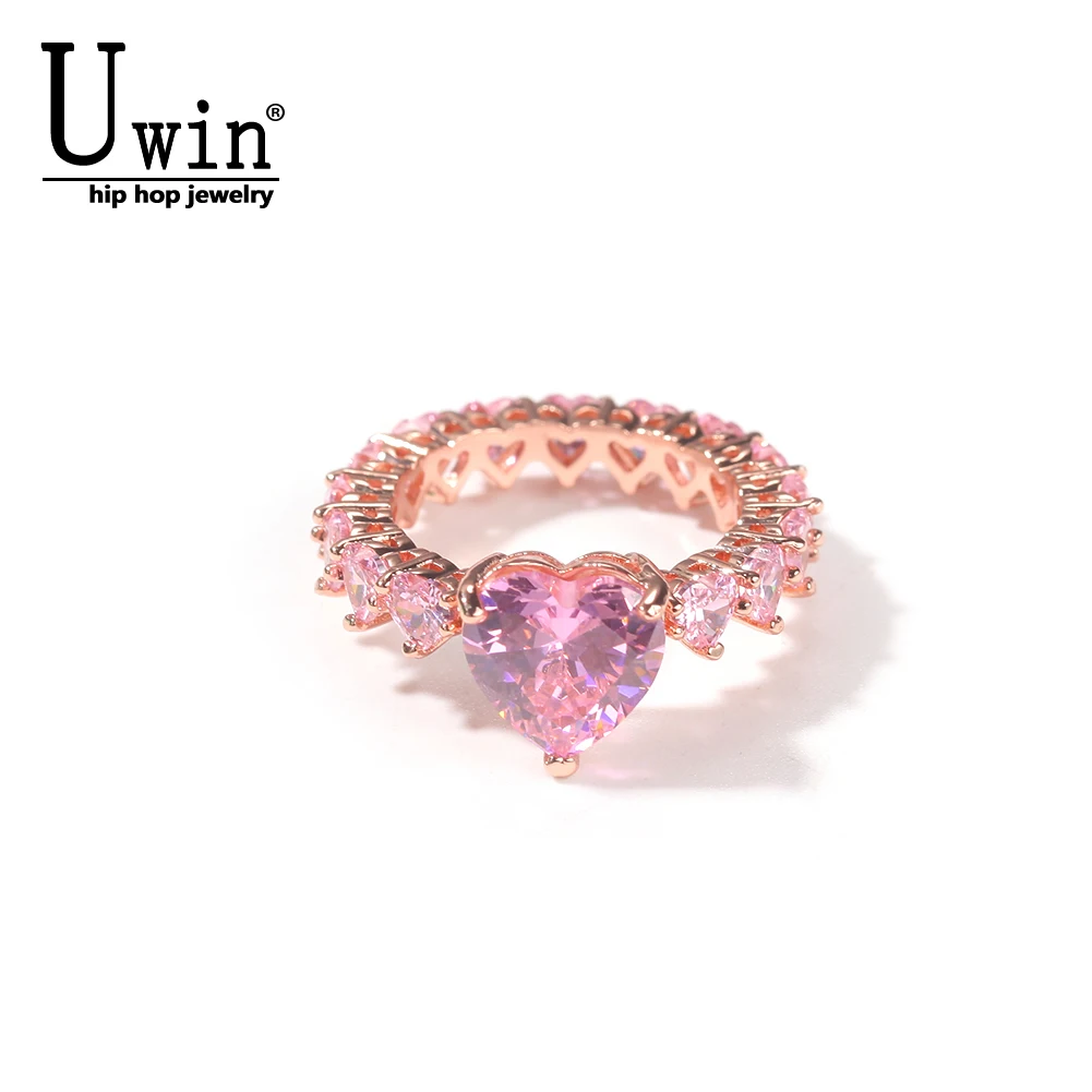 

UWIN Heart Rings For Women Full Bling Iced Out Pink Cubic Zircon AAA Rings Luxury Fashion Hiphop Jewelry Gift Drop Shipping